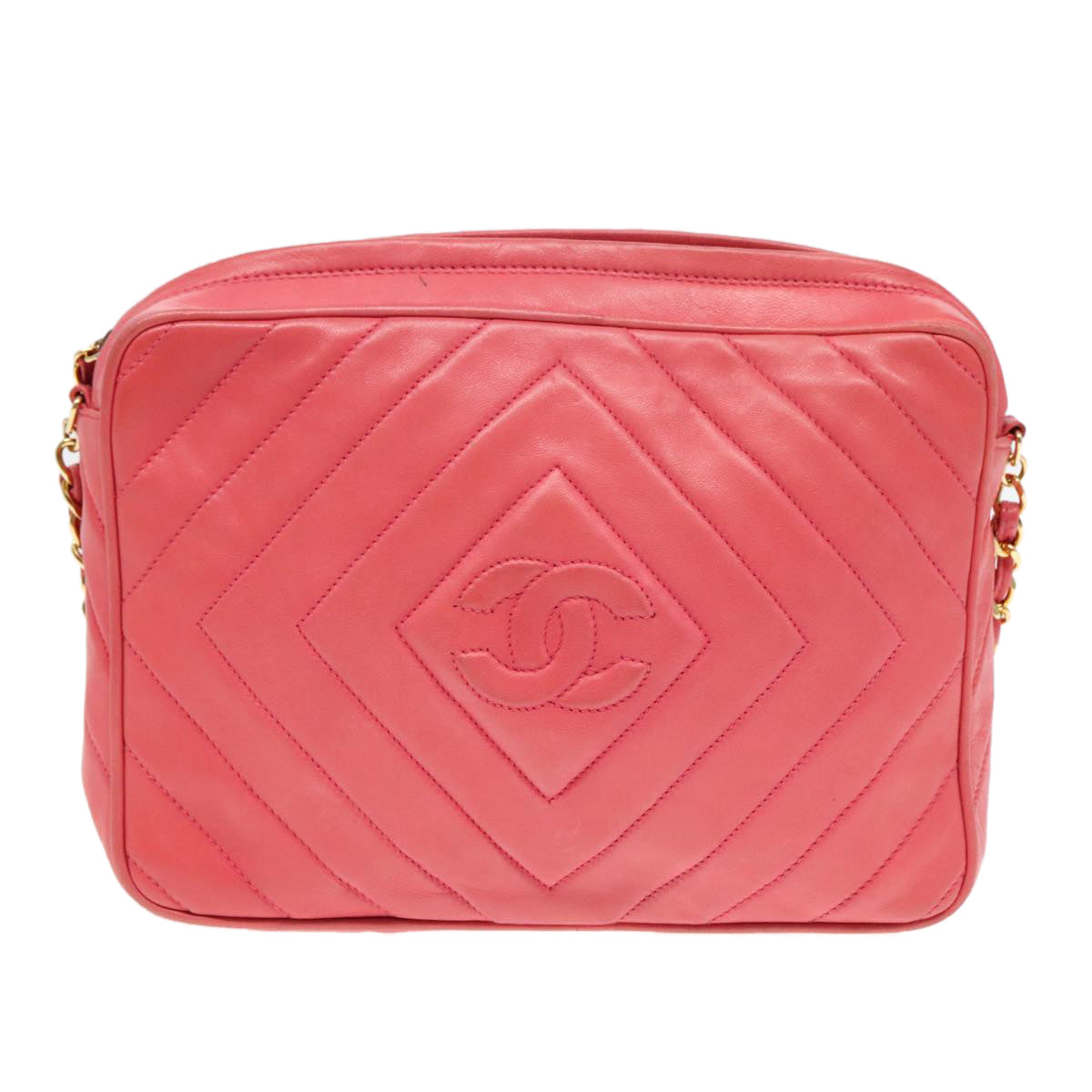 CHANEL Chain Shoulder Bag Lamb Skin Gold Pink CC 93604