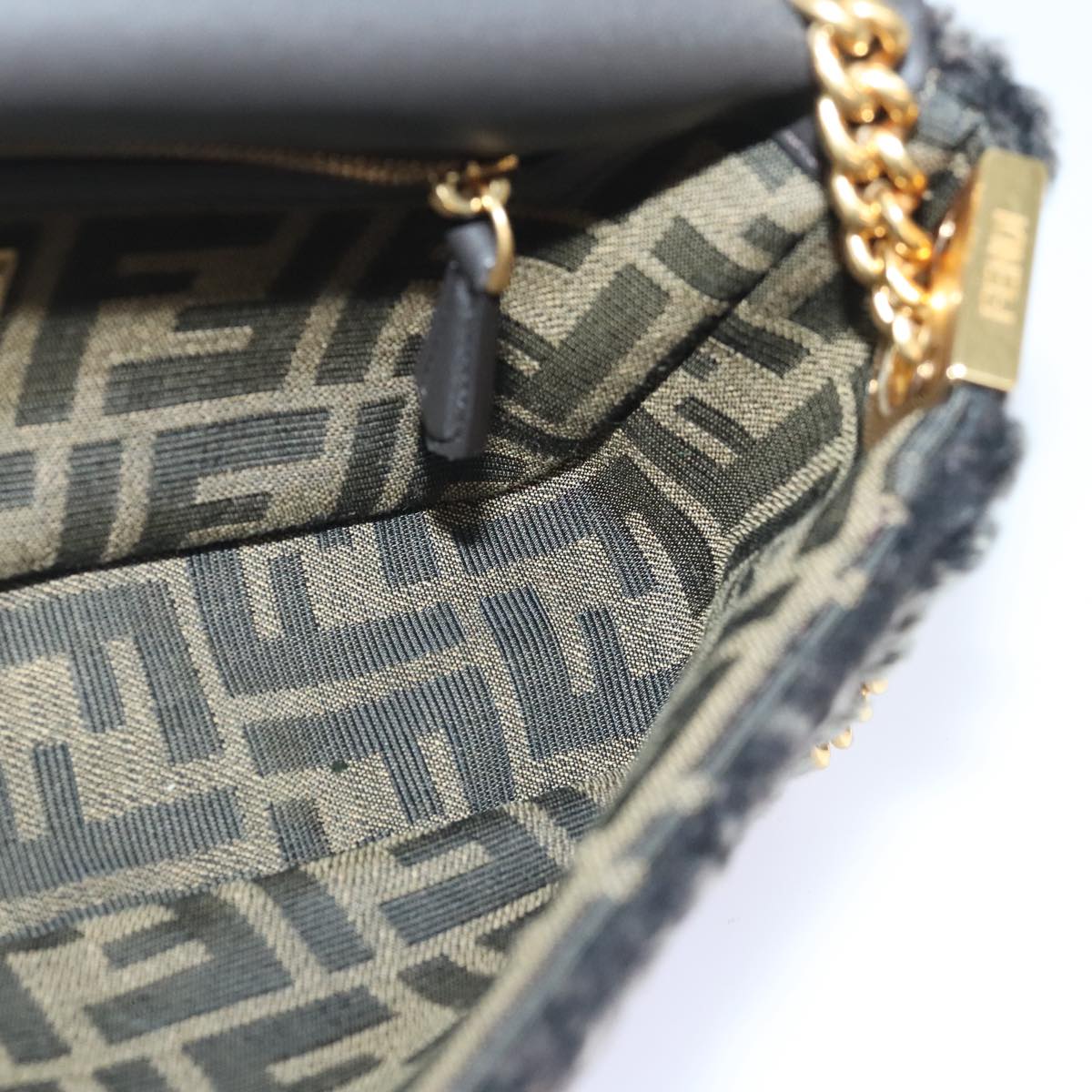 FENDI Zucca Canvas Chain Mamma Baguette Shoulder Bag Brown Gold 93830S