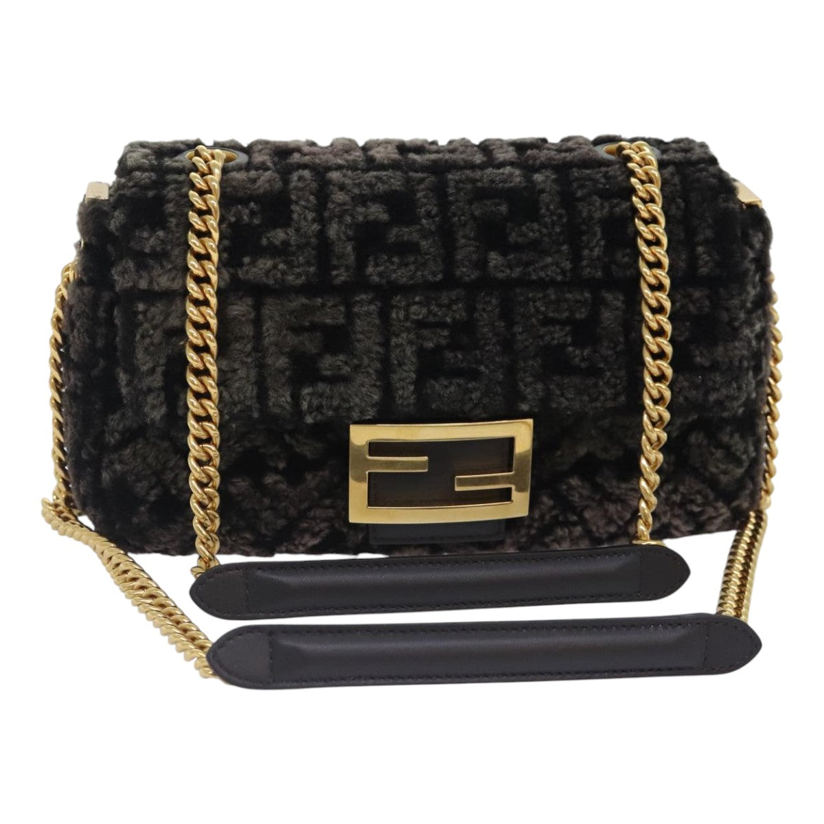 FENDI Zucca Canvas Chain Mamma Baguette Shoulder Bag Brown Gold 93830S
