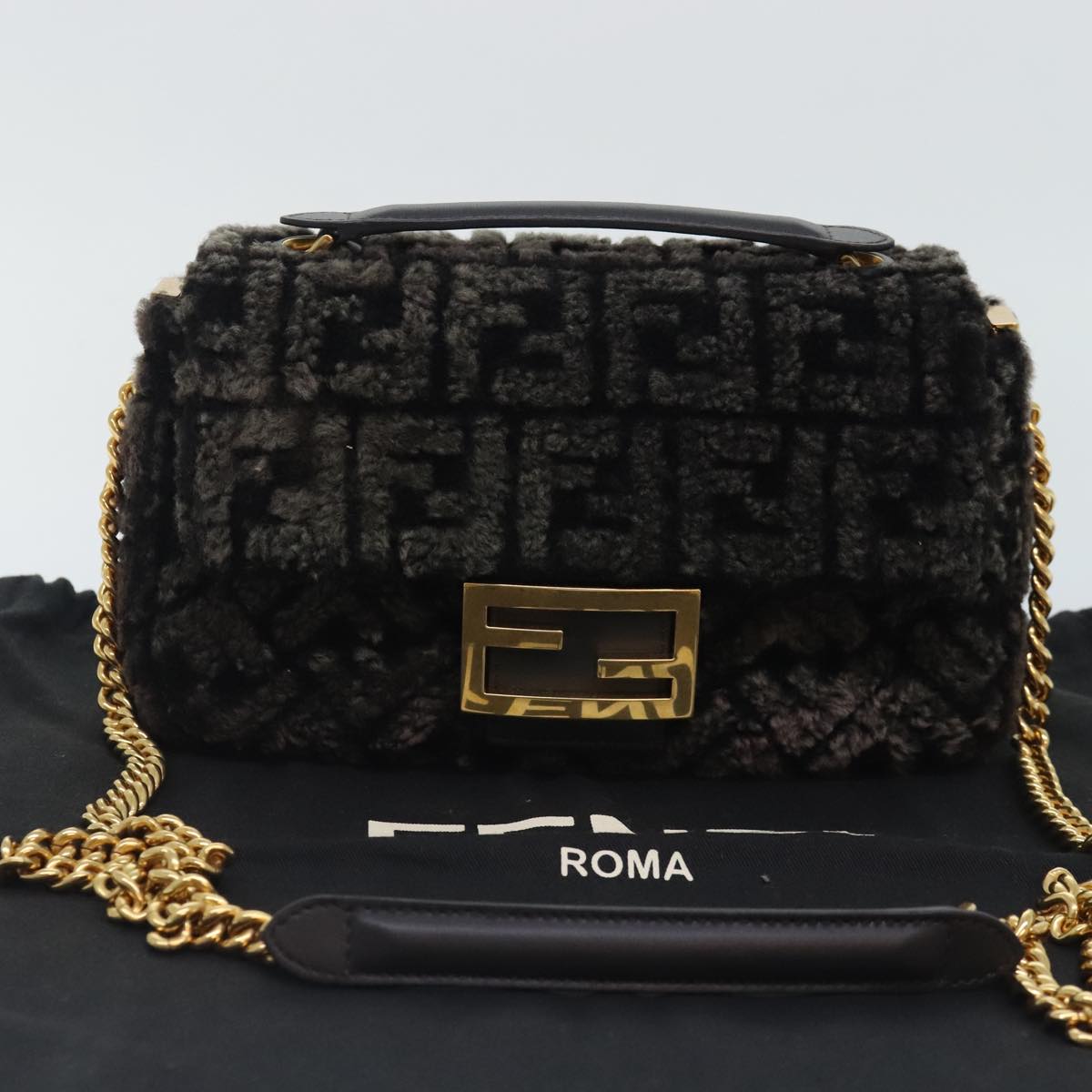 FENDI Zucca Canvas Chain Mamma Baguette Shoulder Bag Brown Gold 93830S