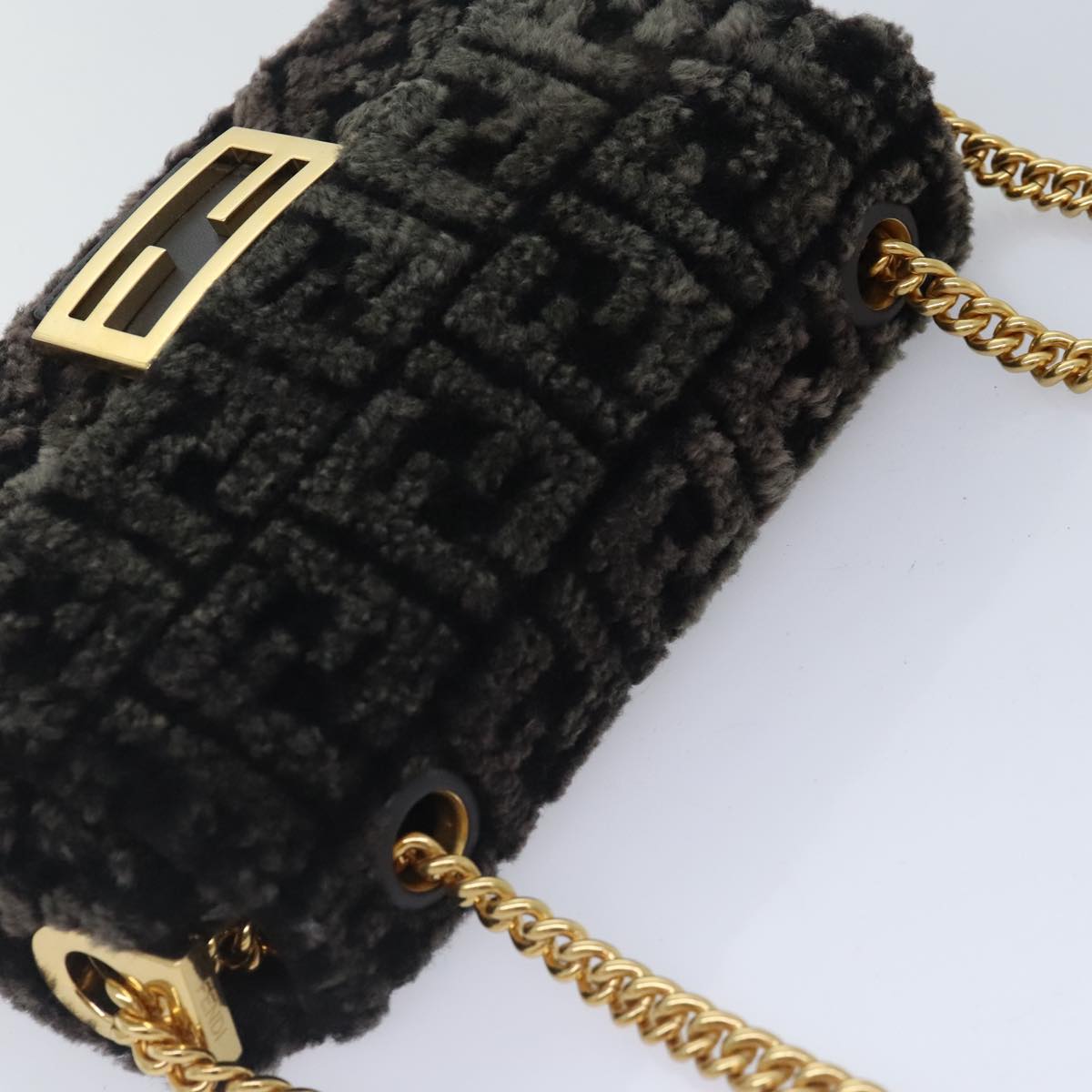 FENDI Zucca Canvas Chain Mamma Baguette Shoulder Bag Brown Gold 93830S