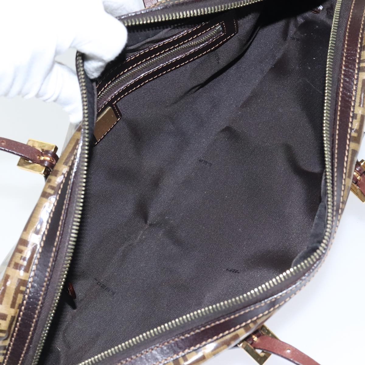 FENDI Zucchino Canvas Hand Bag Brown Gold 93886
