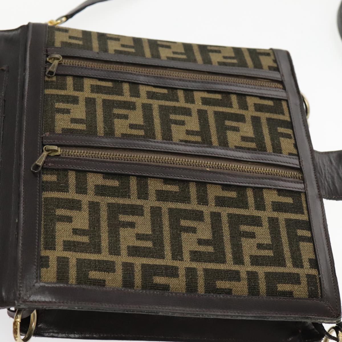 FENDI Zucca Canvas Shoulder Bag Brown Black Gold 94107