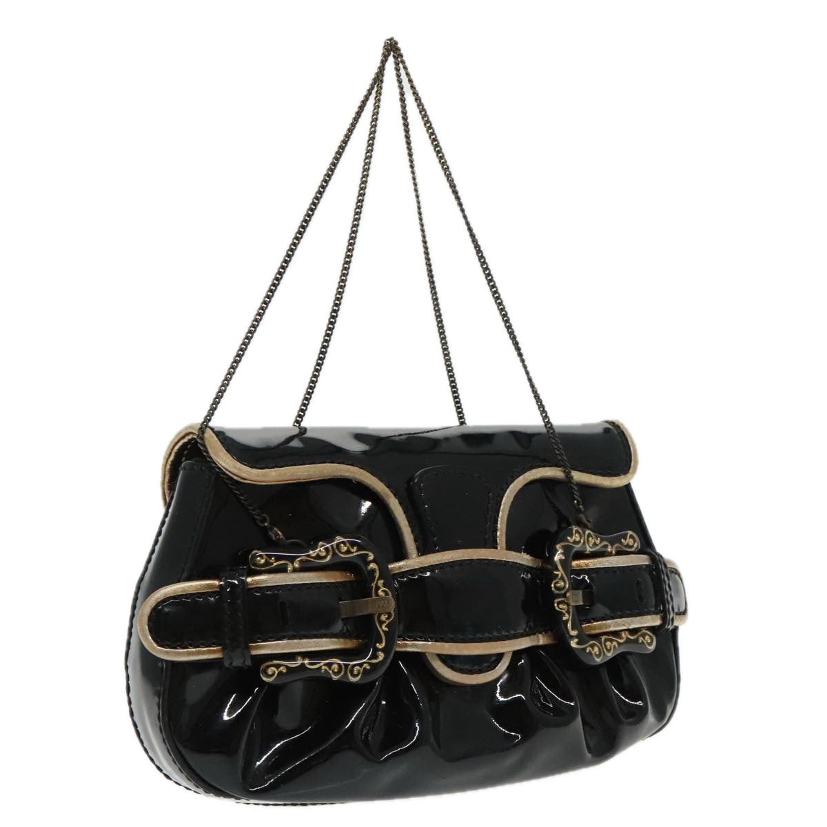 FENDI Chain Hand Bag Enamel Black 94130