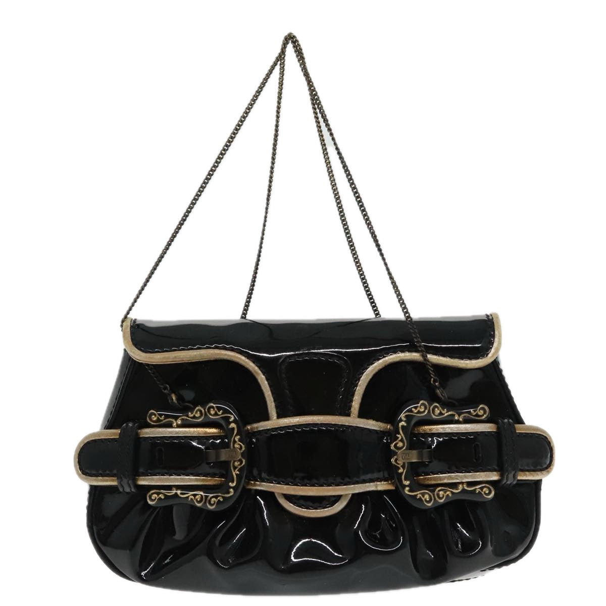 FENDI Chain Hand Bag Enamel Black 94130
