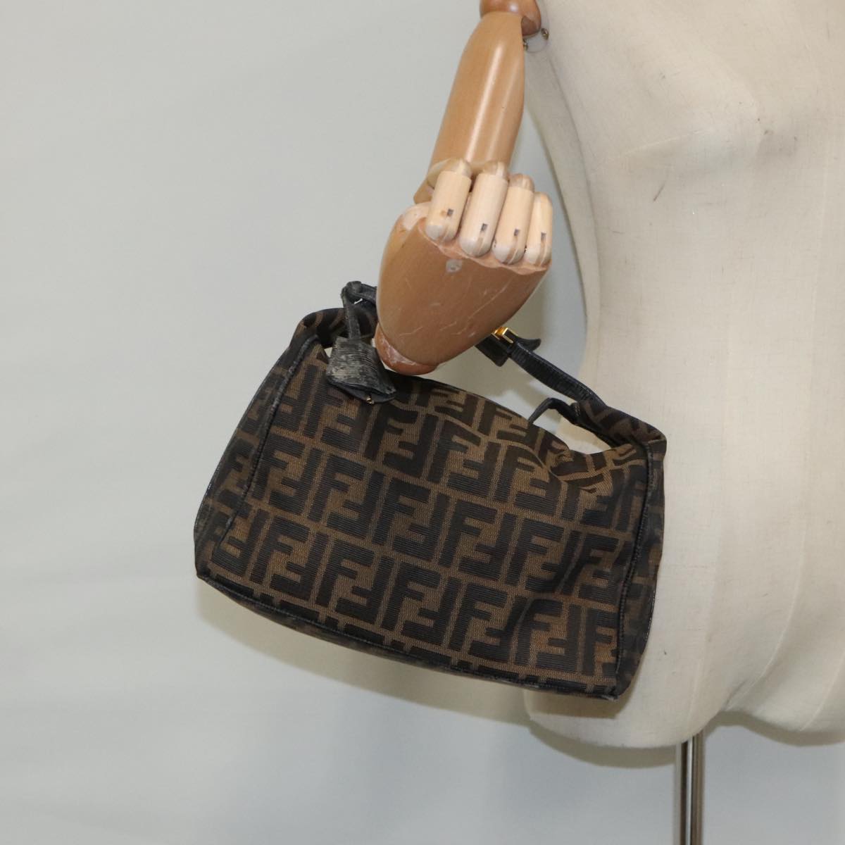 FENDI Zucca Canvas Vanity Hand Bag Brown Black 94131