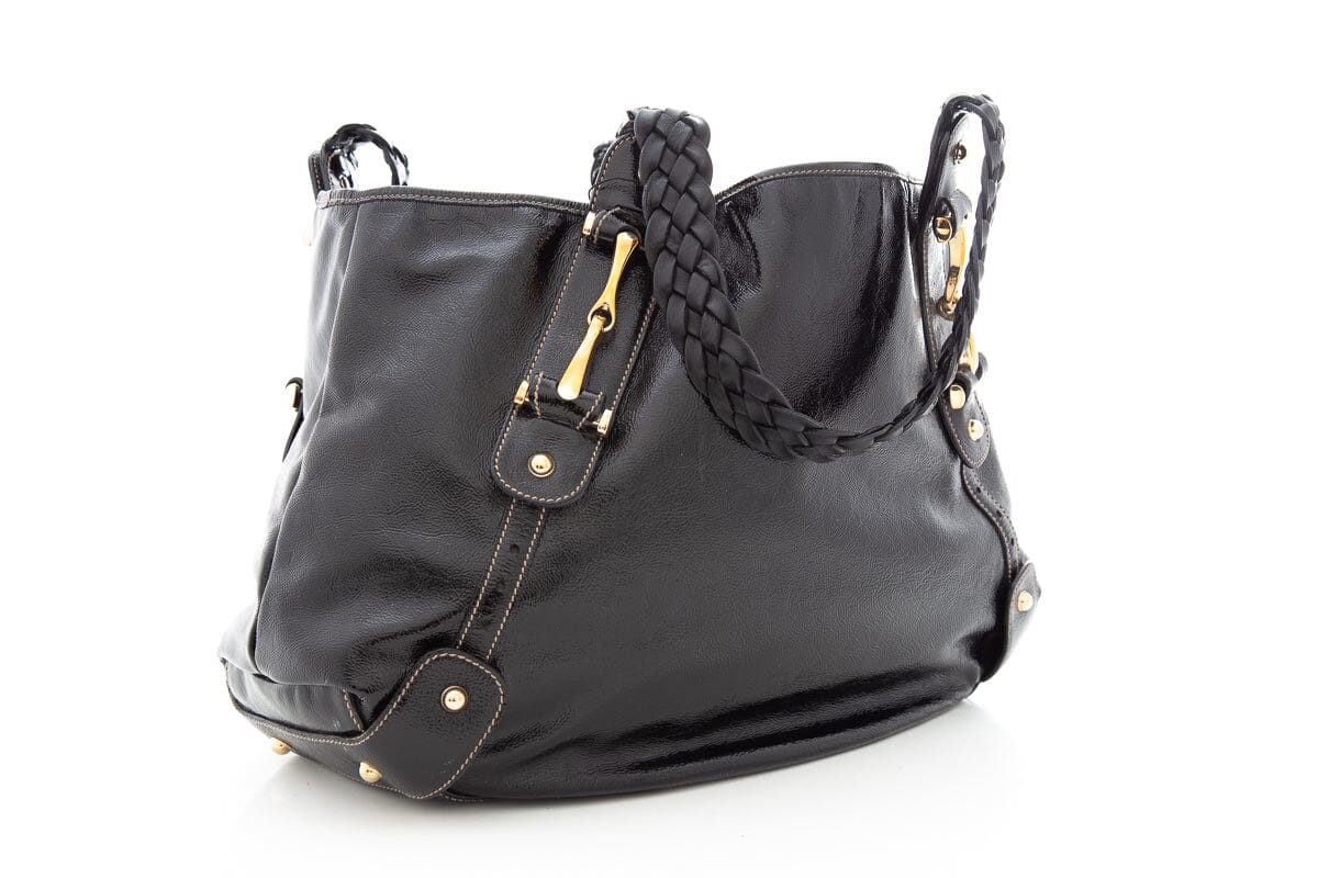Gucci Black Patent Leather Handbag with Braided Handle and Horsebit Detail