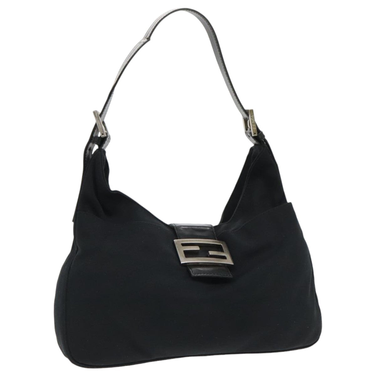 FENDI Mamma Baguette Shoulder Bag Nylon Leather Black Silver 95327