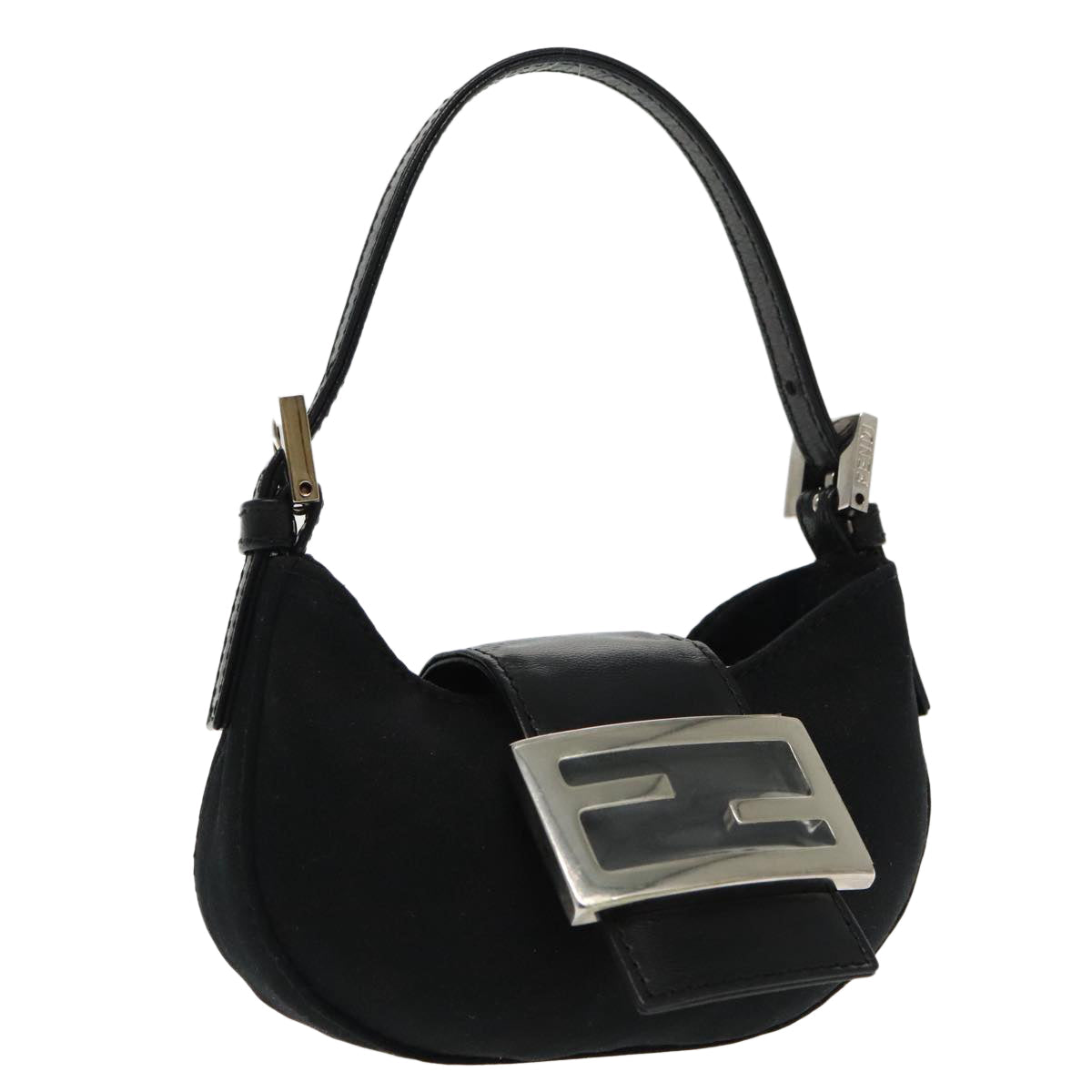 FENDI Mini Croissant Hand Bag Nylon Black Silver 95417