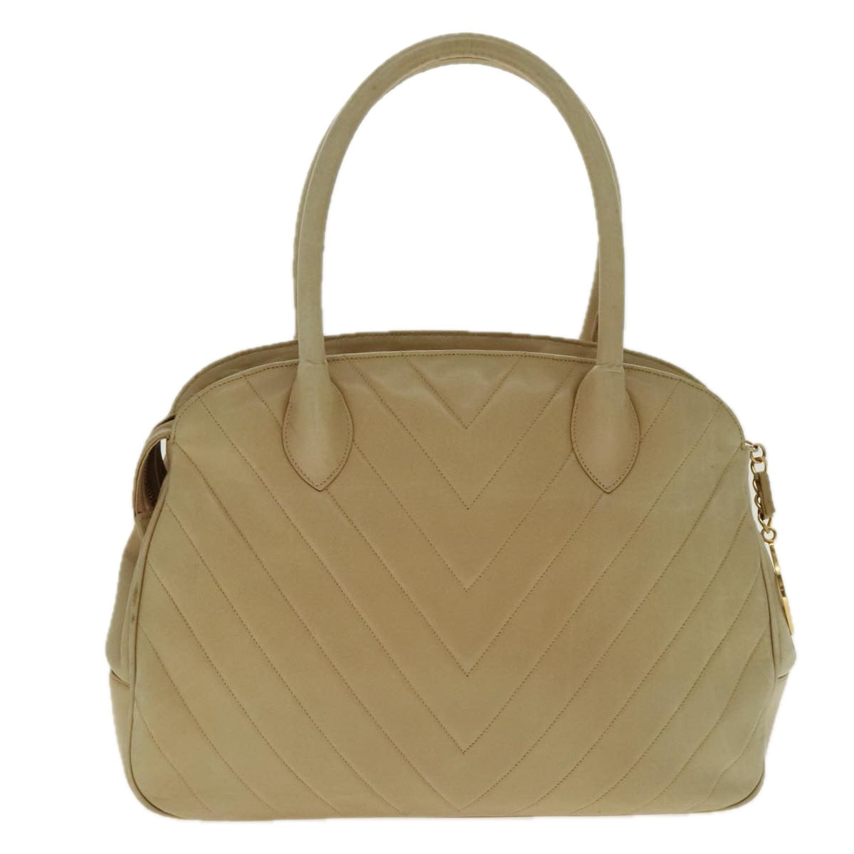 CHANEL V Stitch Hand Bag Lamb Skin Beige Gold CC 95608