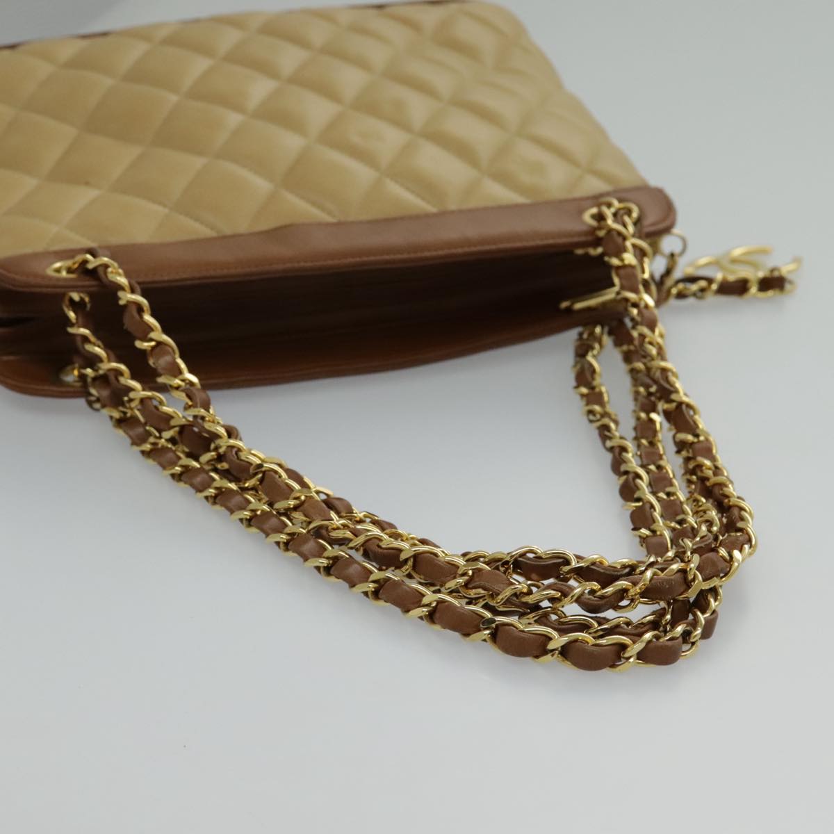 CHANEL Chain Shoulder Bag Lamb Skin Beige Gold CC 95932