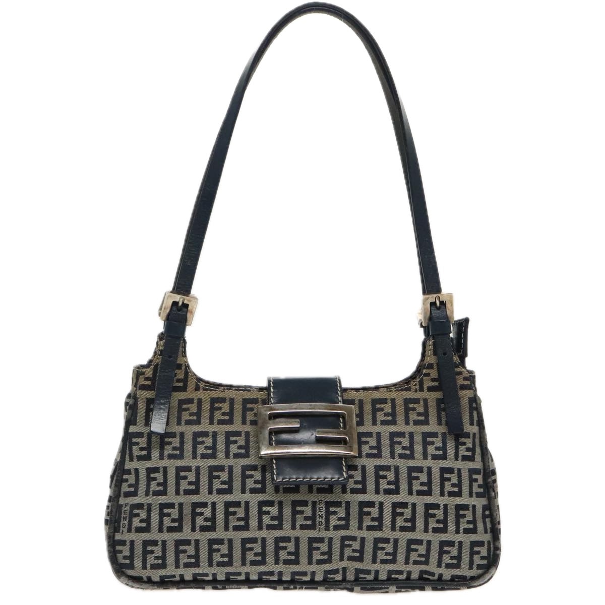FENDI Zucchino Canvas Mamma Shoulder Bag Navy Silver 96172