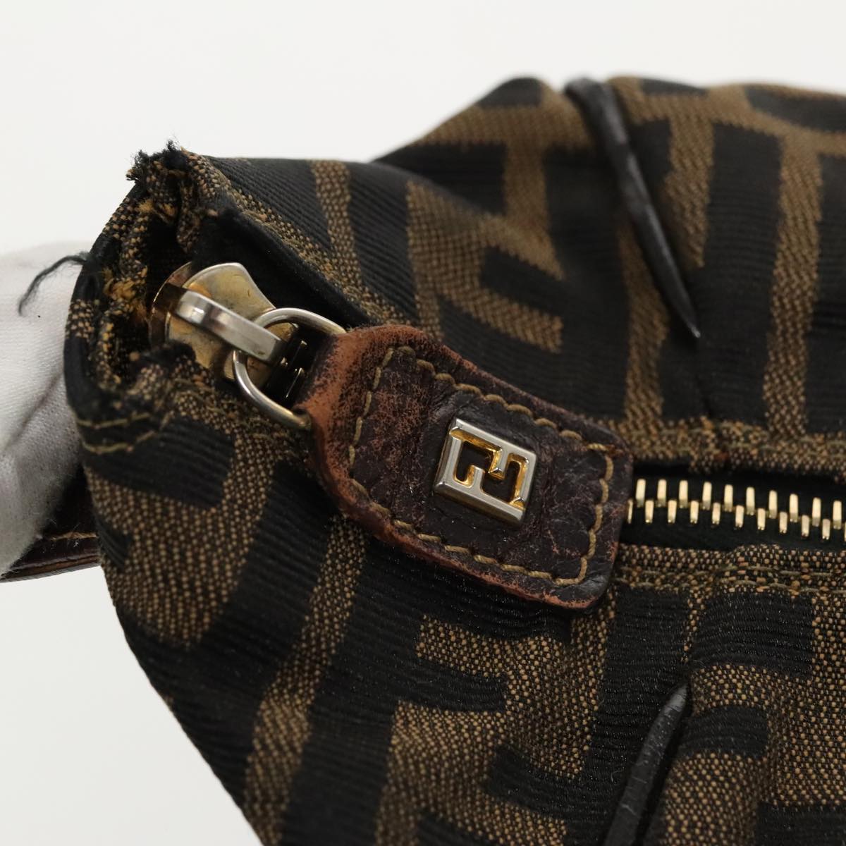 FENDI Zucca Canvas Vanity Hand Bag Brown Black gold 96206