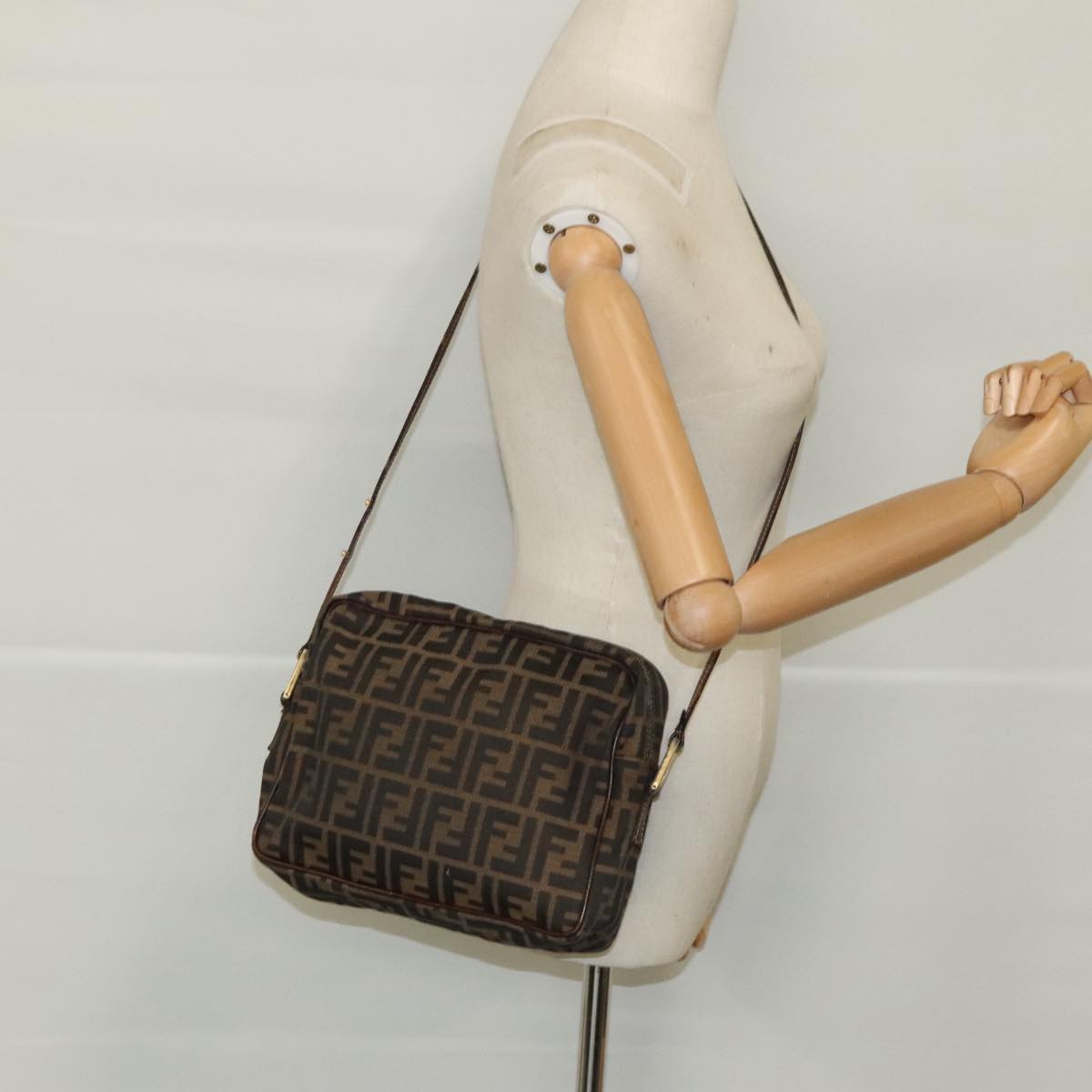 FENDI Zucca Canvas Shoulder Bag Black Brown gold 96320