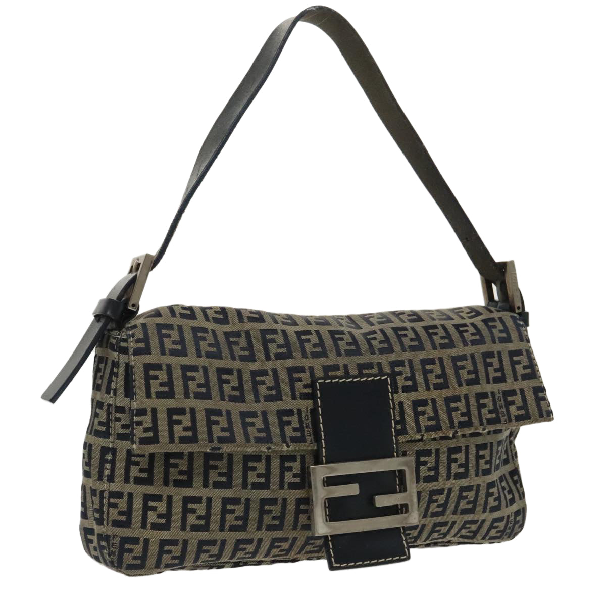 FENDI Zucchino Canvas Mamma Baguette Shoulder Bag Navy Silver 96518