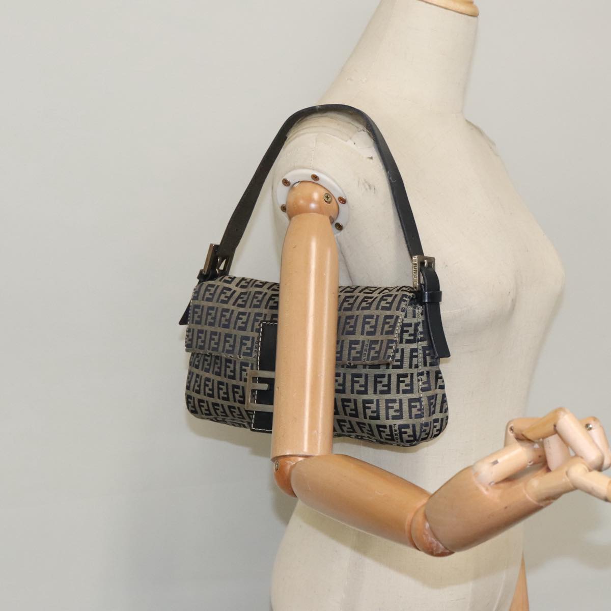 FENDI Zucchino Canvas Mamma Baguette Shoulder Bag Navy Silver 96518