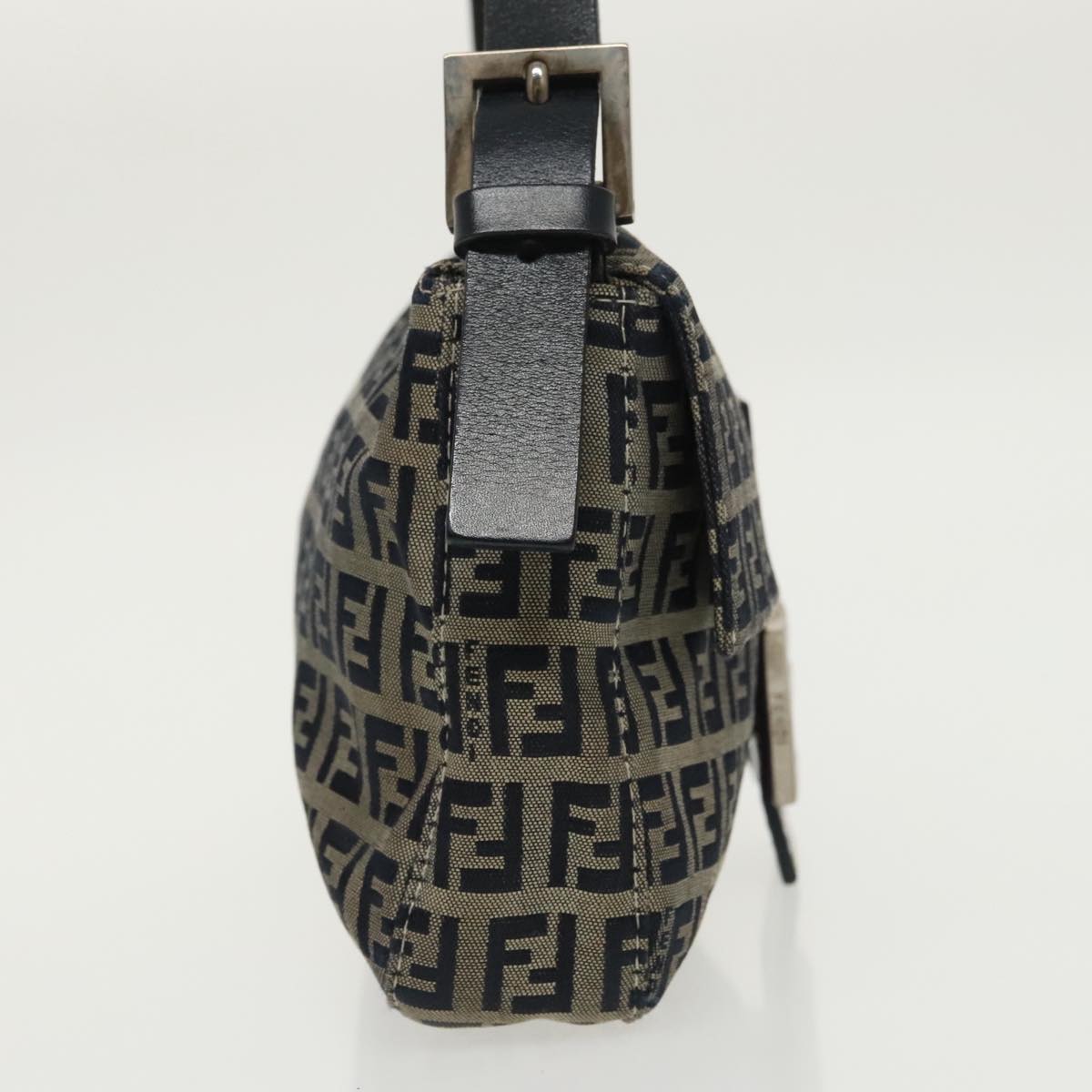 FENDI Zucchino Canvas Mamma Baguette Shoulder Bag Navy Silver 96518