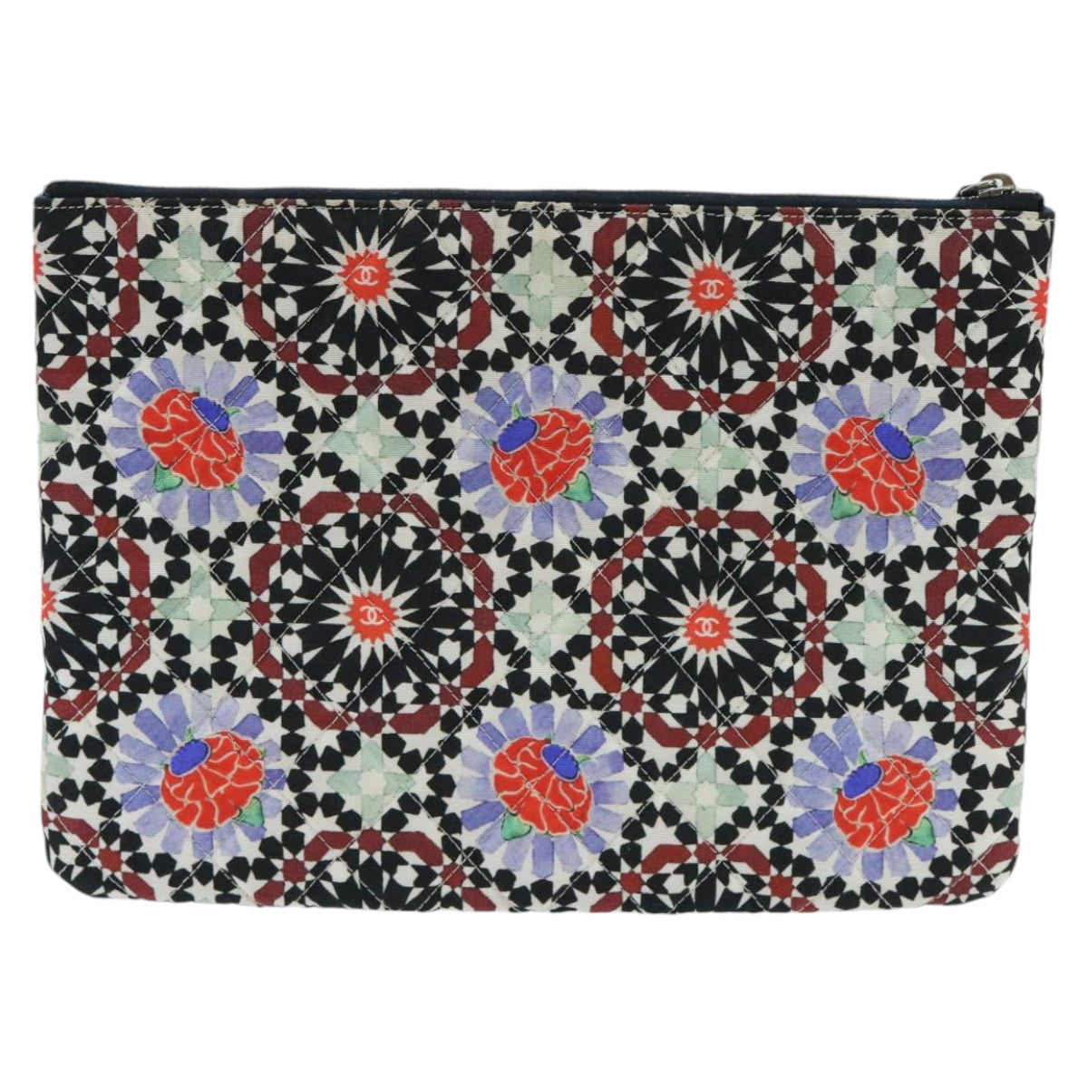 CHANEL Quilted Clutch Bag cotton Navy Multicolor Silver CC 97047