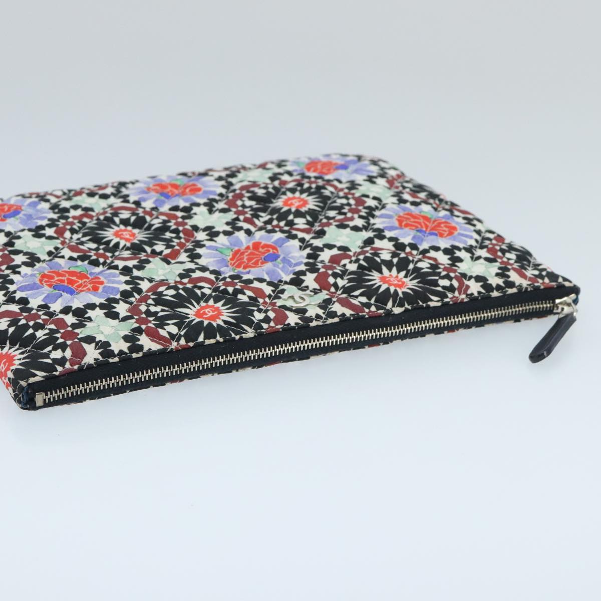 CHANEL Quilted Clutch Bag cotton Navy Multicolor Silver CC 97047