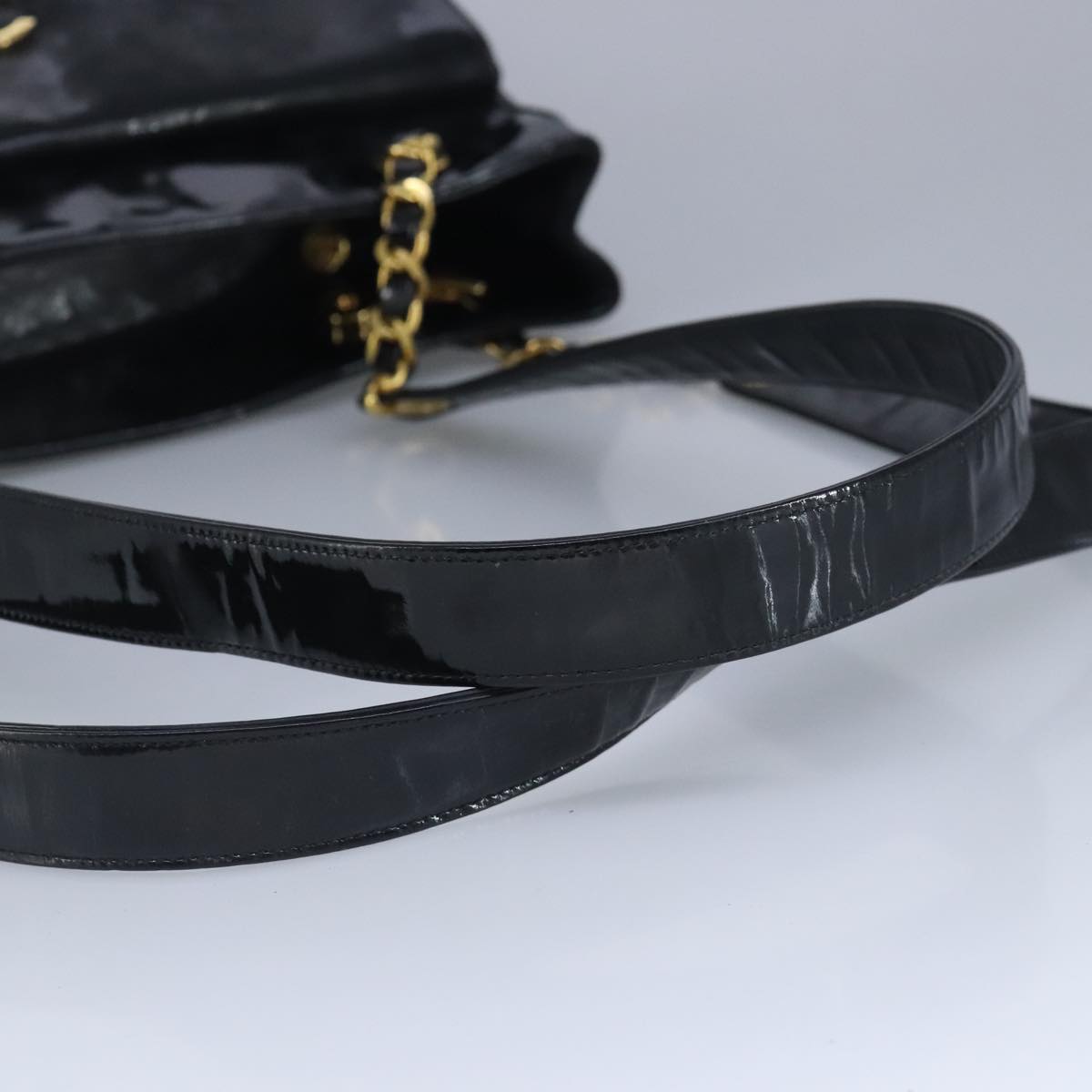 CHANEL Chain Tote Bag Patent leather Black Gold CC 97057