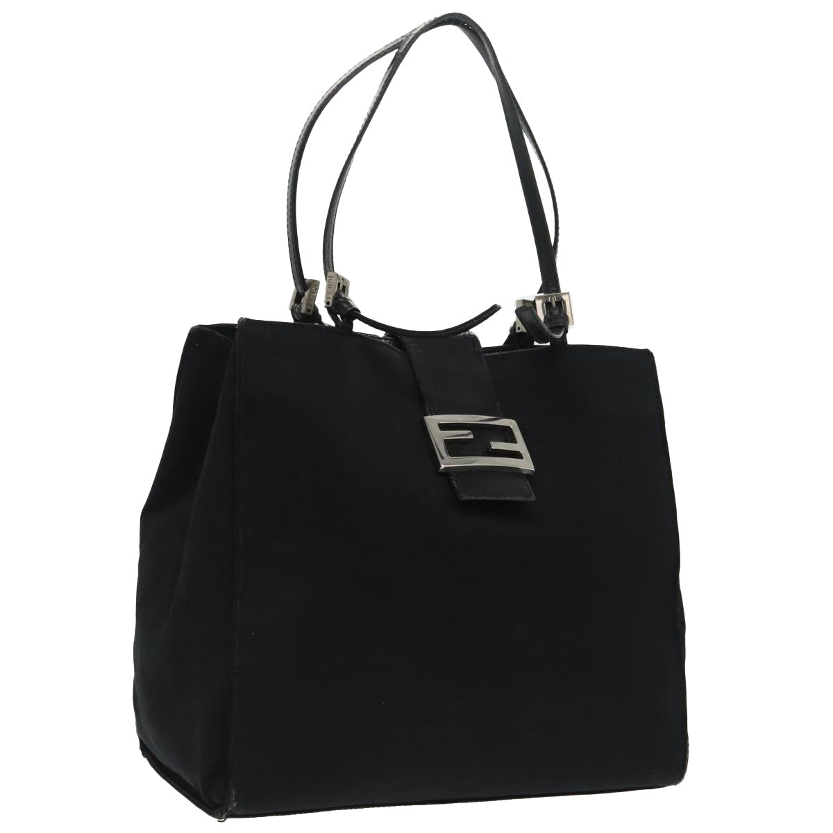 FENDI Mamma Baguette Tote Bag Nylon Leather Black Silver 97258