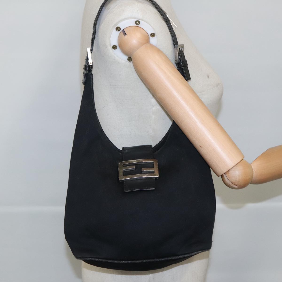 FENDI Mamma Baguette Shoulder Bag Nylon Leather Black Silver 97412