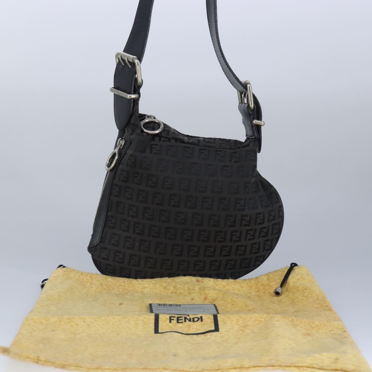 FENDI Zucchino Canvas Shoulder Bag Black Silver 97617