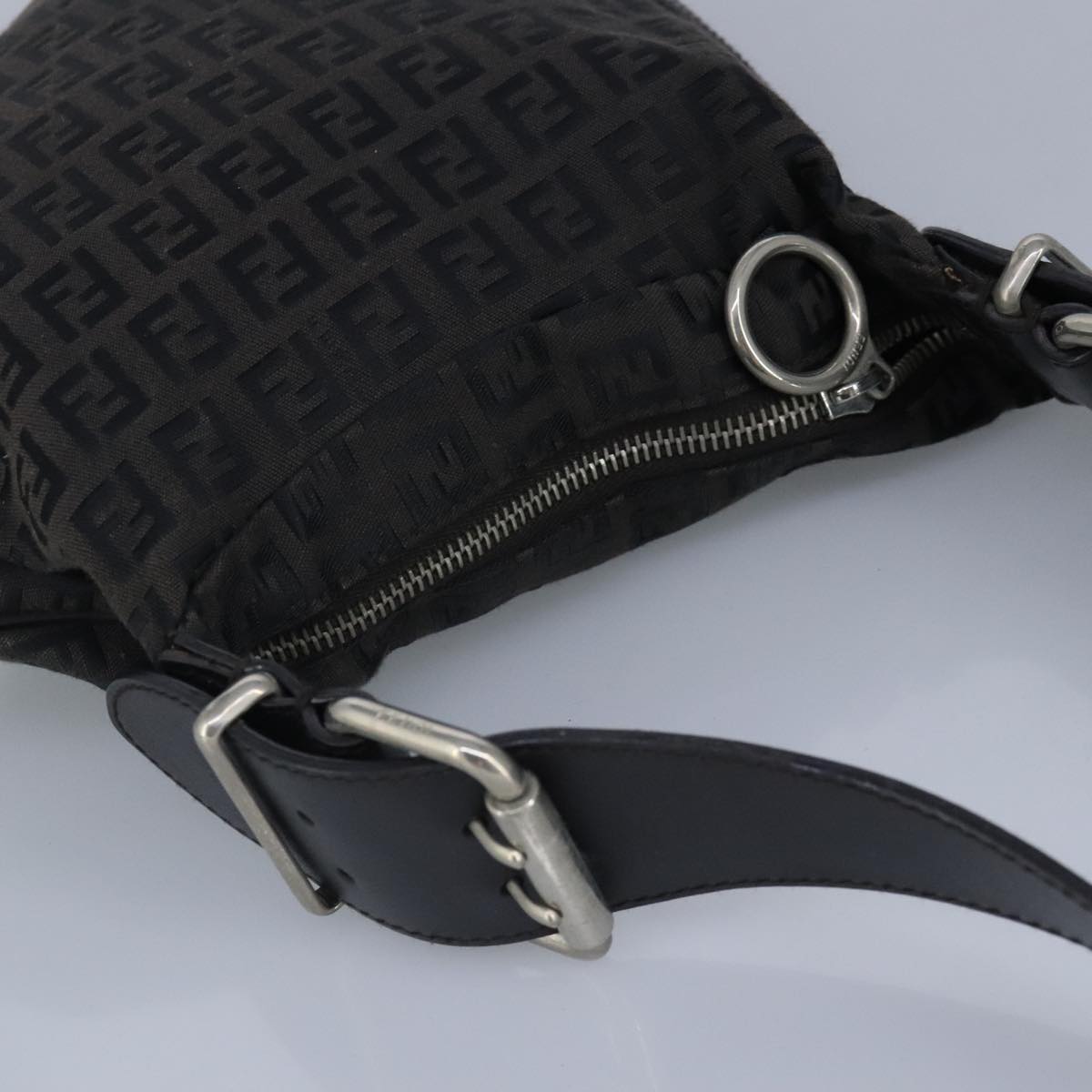 FENDI Zucchino Canvas Shoulder Bag Black Silver 97617