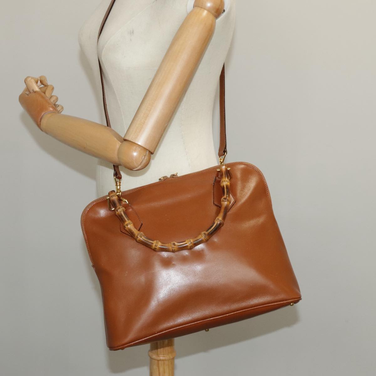 GUCCI Bamboo Hand Bag Leather 2way Brown Gold 97683