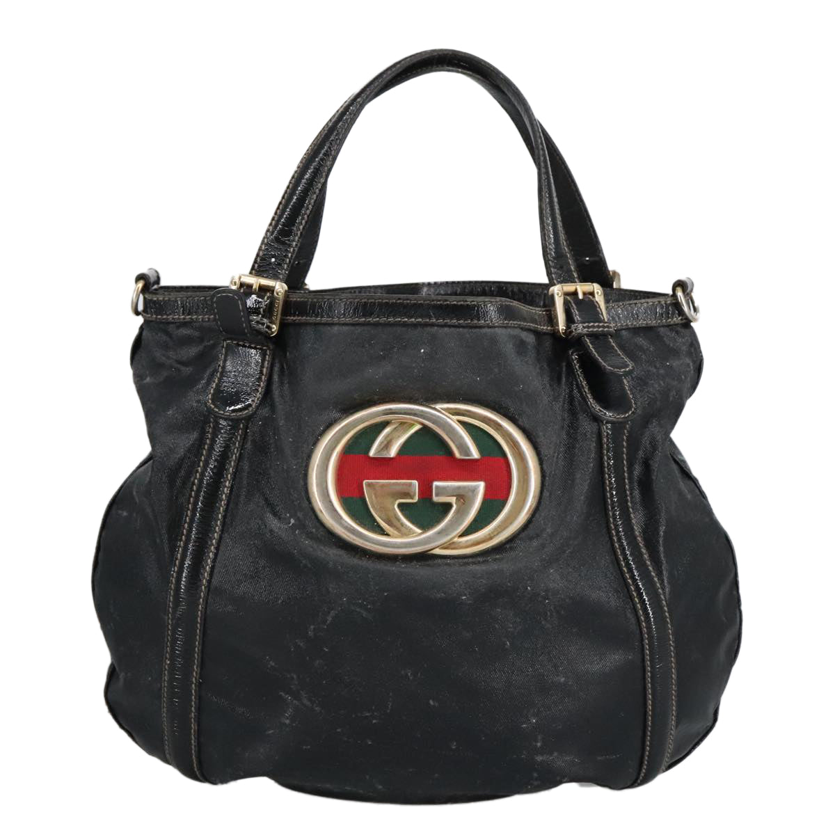 GUCCI Hand Bag Coated Canvas 2way Black Green Red 97935
