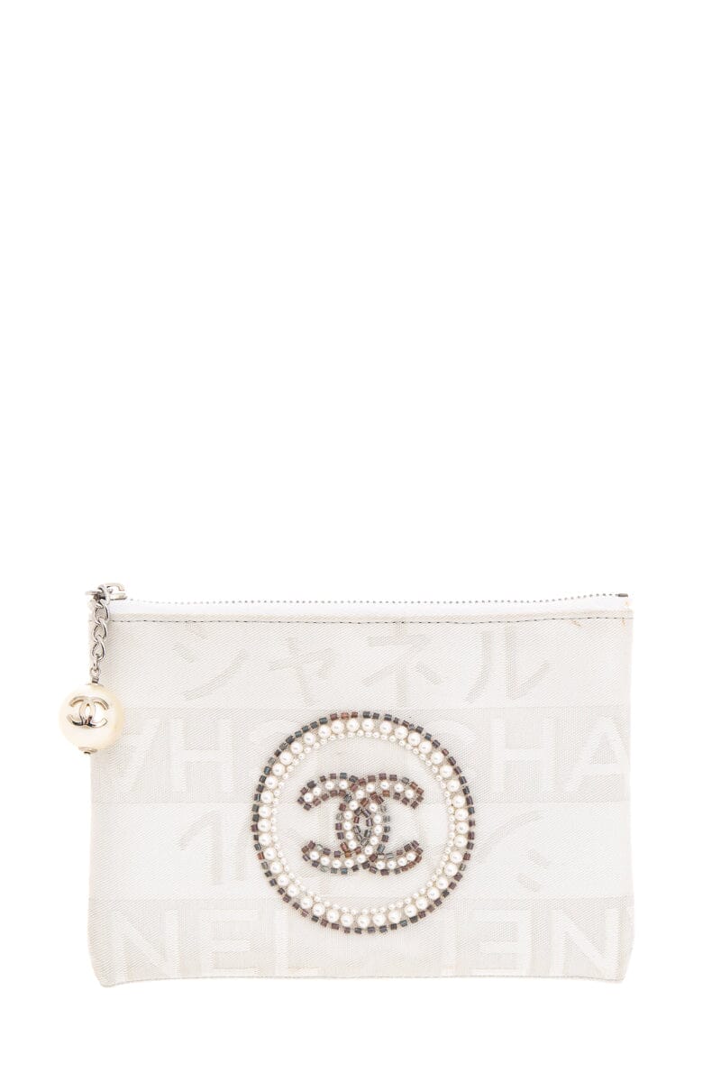 Chanel Vintage White and Silver Ginza Limited Pearl Coco Mark Pouch
