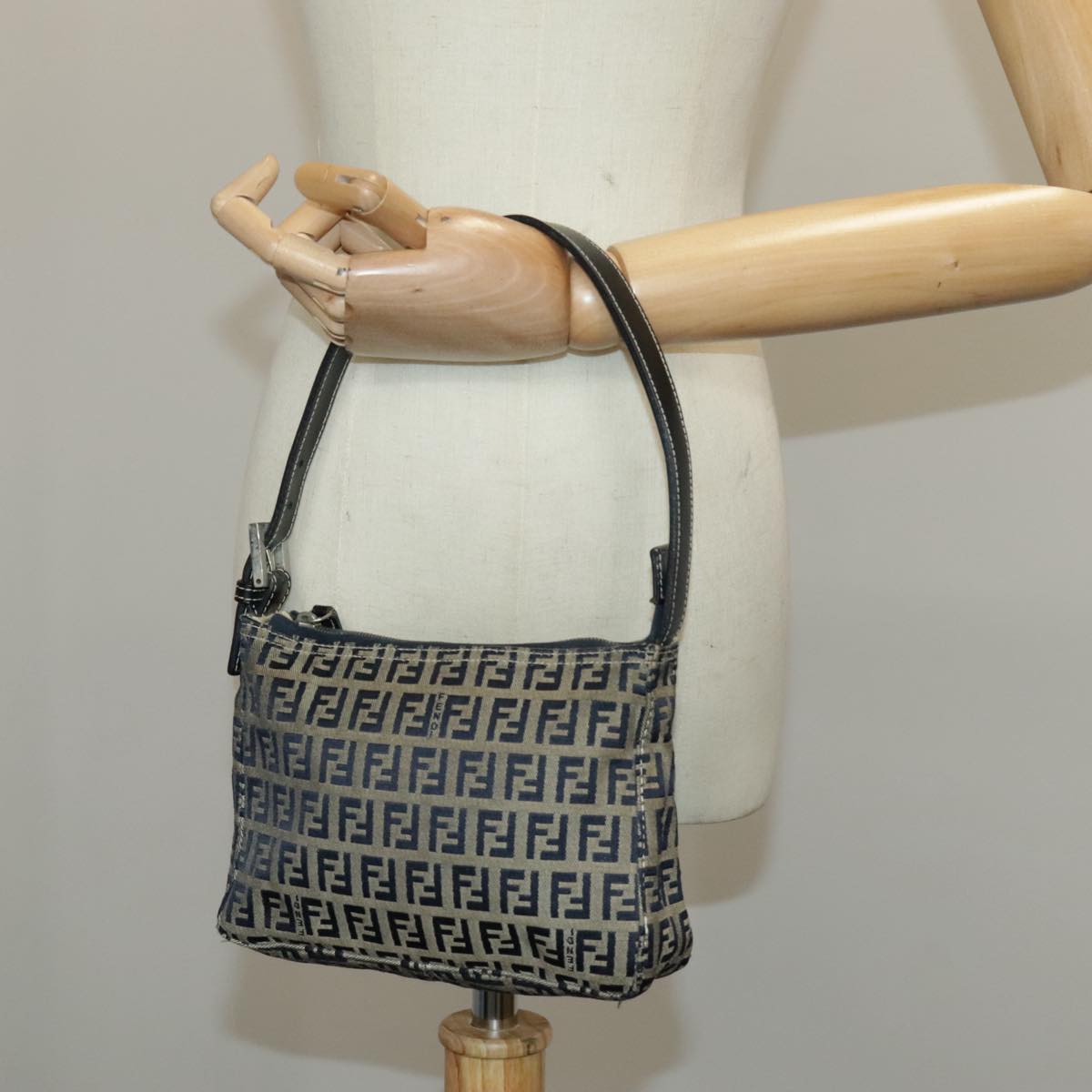 FENDI Zucchino Canvas Accessory Pouch Navy Silver 98136