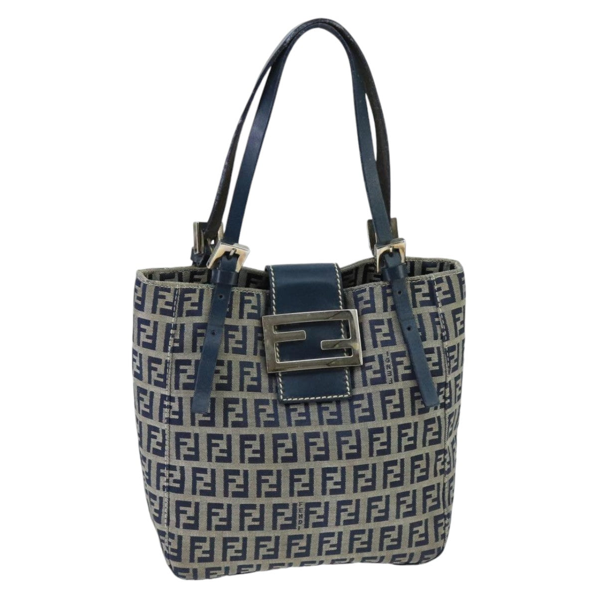 FENDI Zucchino Canvas Hand Bag Navy Silver 98465