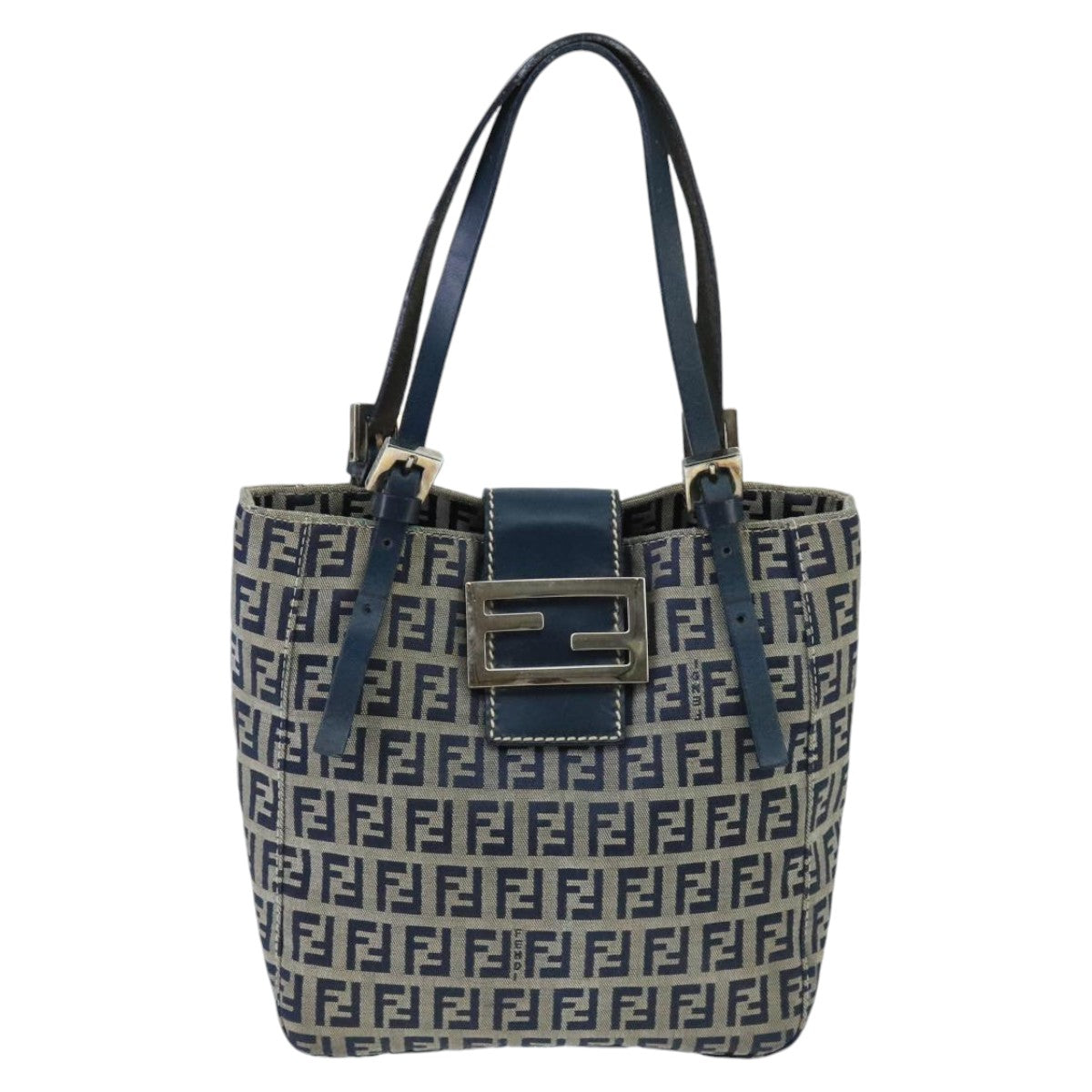 FENDI Zucchino Canvas Hand Bag Navy Silver 98465