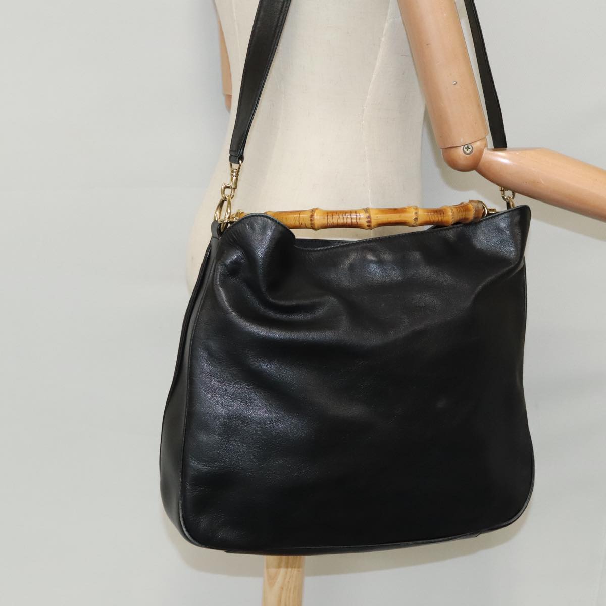 GUCCI Bamboo Hand Bag Leather 2way Black Gold 001 1577 98735