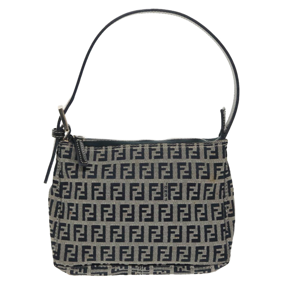 FENDI Zucchino Canvas Shoulder Bag Navy Silver 98857