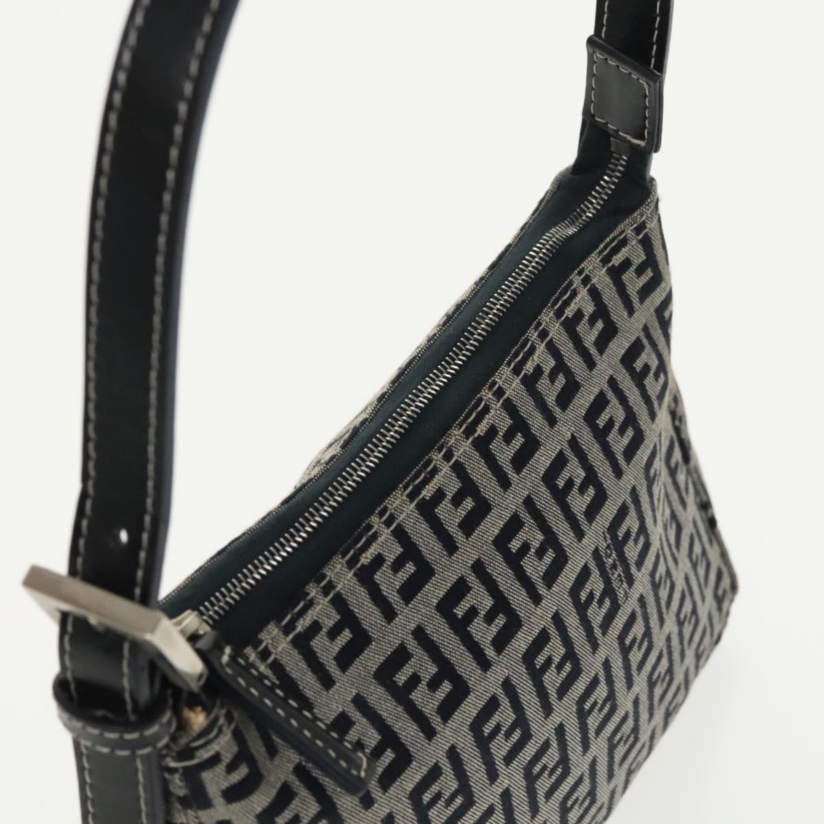 FENDI Zucchino Canvas Shoulder Bag Navy Silver 98857