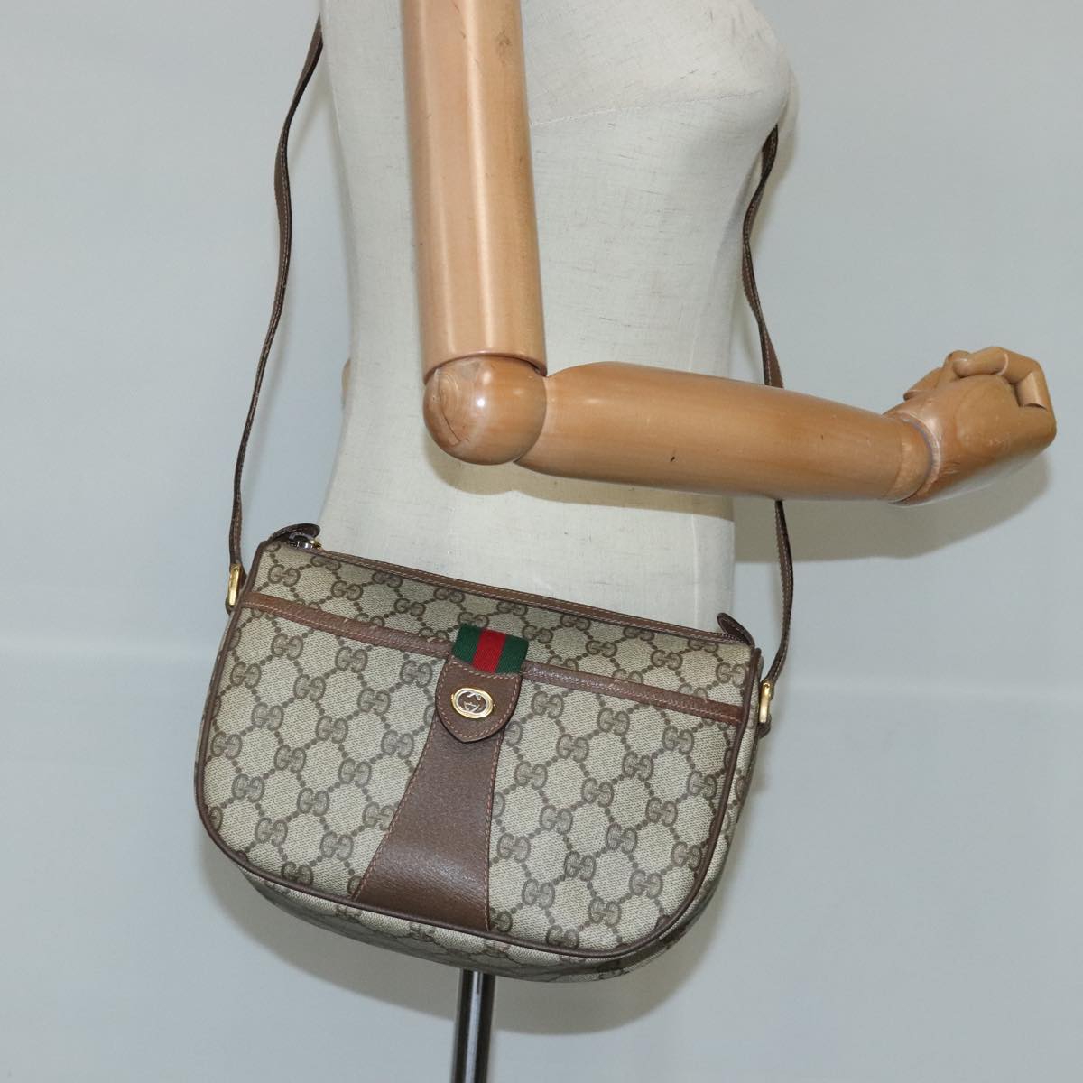 GUCCI GG Supreme Web Sherry Line Shoulder Bag PVC Beige Red 99031