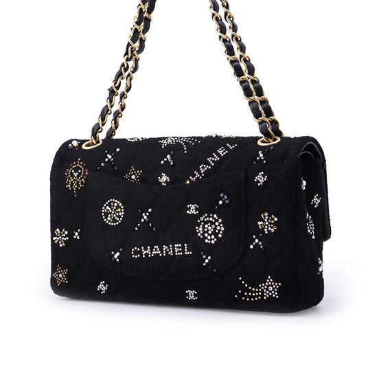 CHANEL Matelasse W Flap ChainShoulder Bag BlackA01112 Tweed Rhinestone Size 25