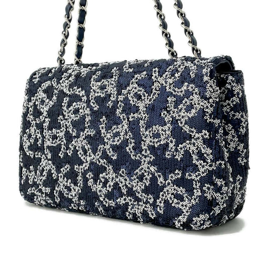 CHANEL CC Logo ChainShoulder Bag Navy/White Sequins Size 25
