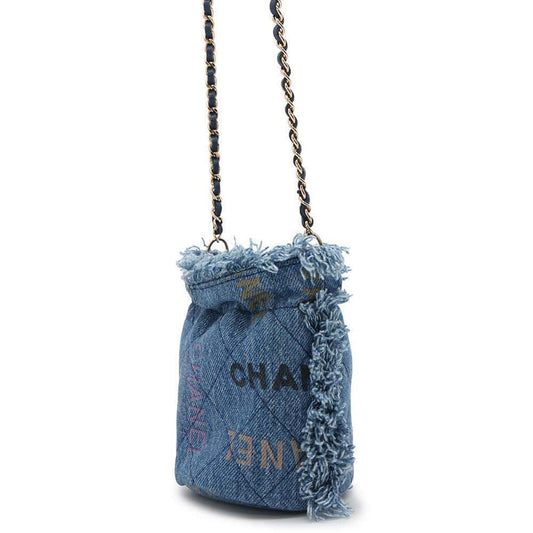 CHANEL Logo Mini Drawstring Bag Shoulder BlueAP2603 Denim Leather
