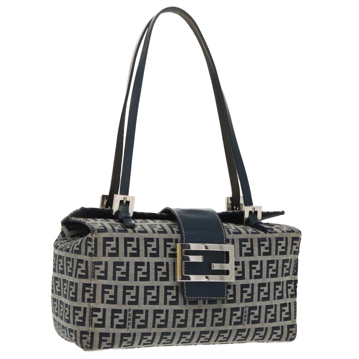 FENDI Zucchino Canvas Hand Bag Navy Silver 99690