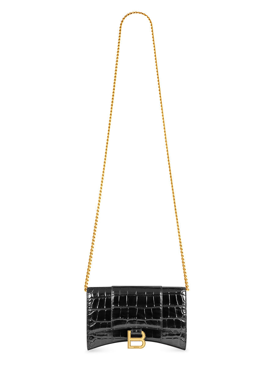 Hourglass Wallet With Chain Crocodile Embossed Leather in Black