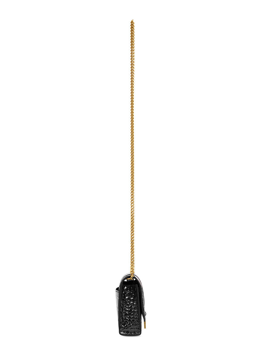 Hourglass Wallet With Chain Crocodile Embossed Leather in Black