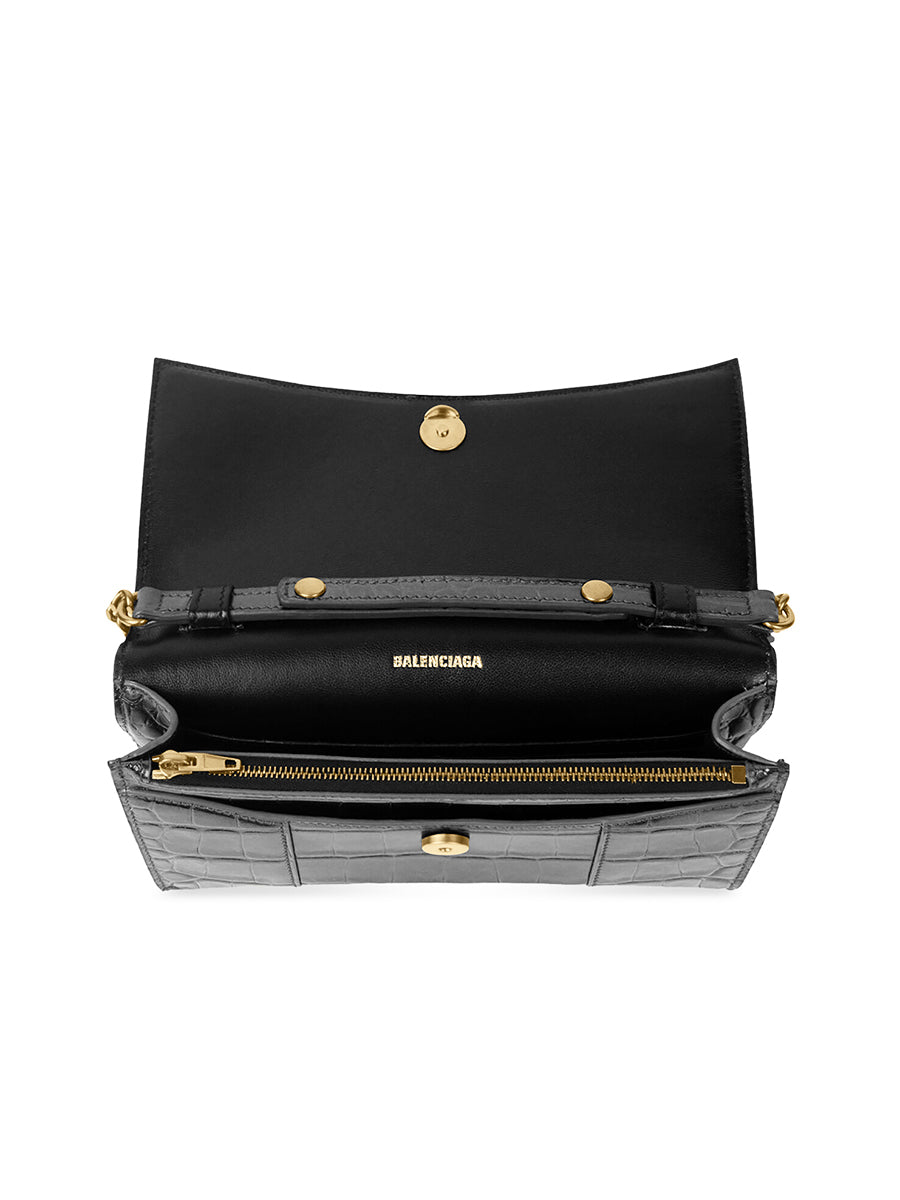 Hourglass Wallet With Chain Crocodile Embossed Leather in Black