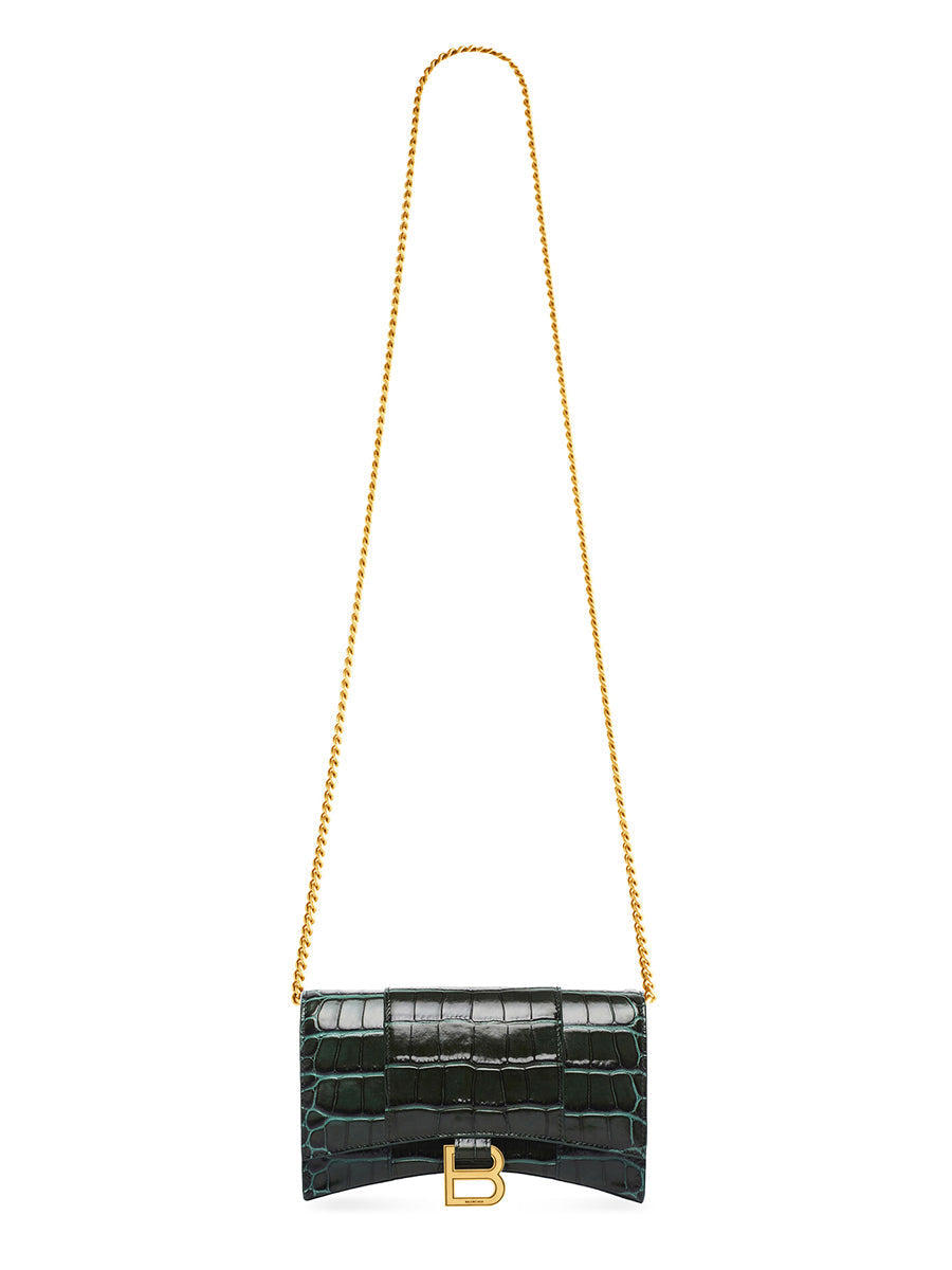 Hourglass Wallet With Chain Crocodile Embossed Leather in Forest Green