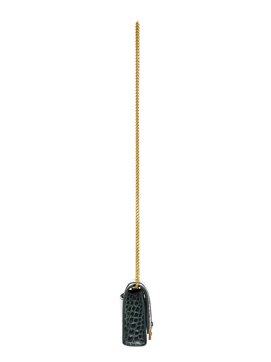 Hourglass Wallet With Chain Crocodile Embossed Leather in Forest Green