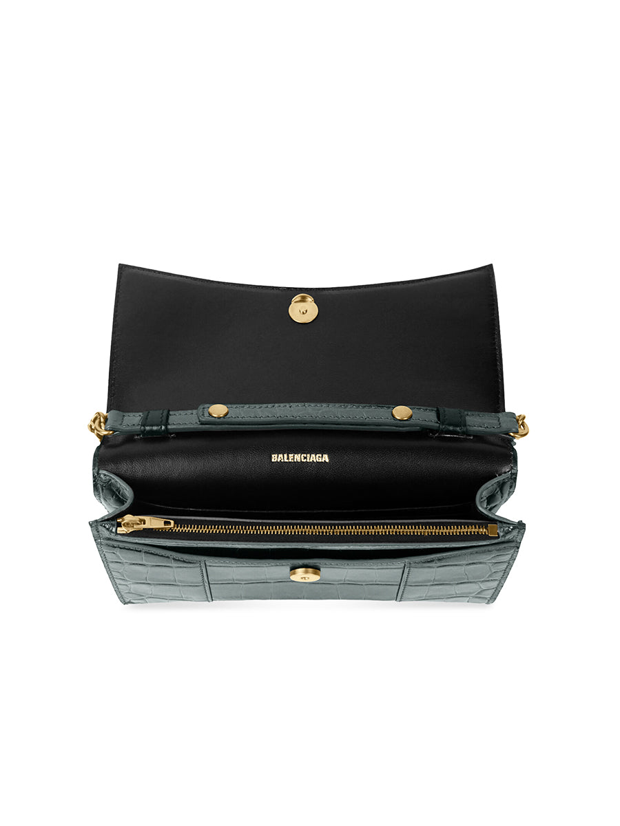 Hourglass Wallet With Chain Crocodile Embossed Leather in Forest Green