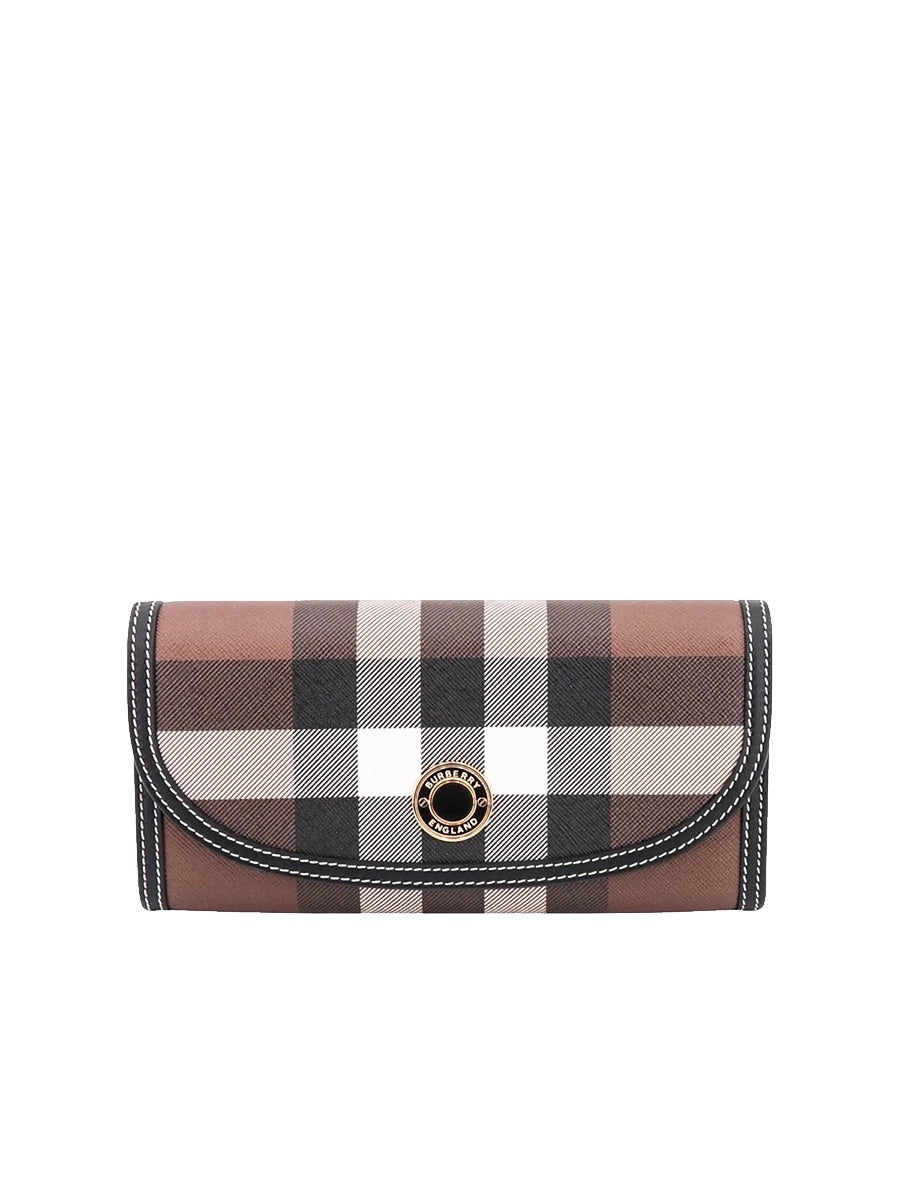 Check and Leather Continental Wallet in Dark Birch Brown