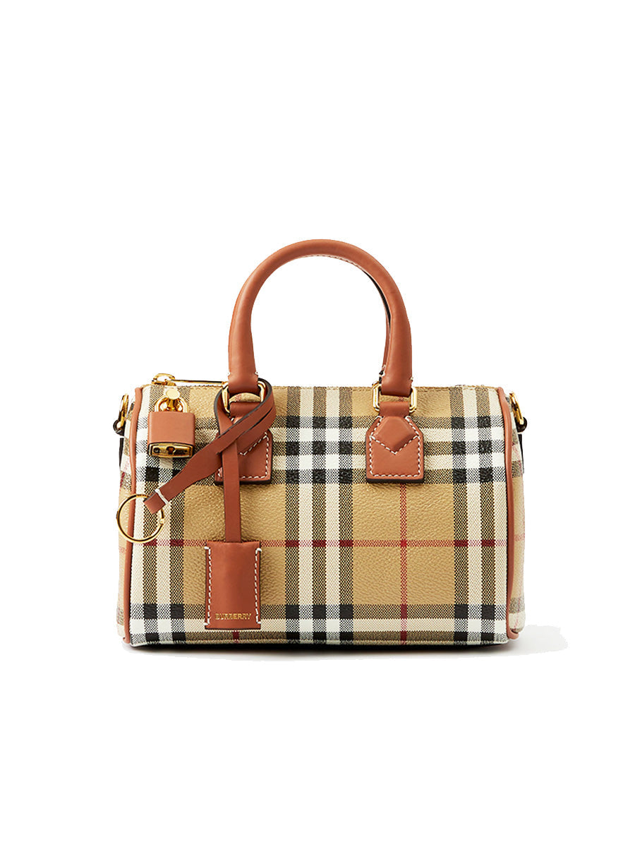 Check and Leather Mini Bowling Bag in Archive Beige